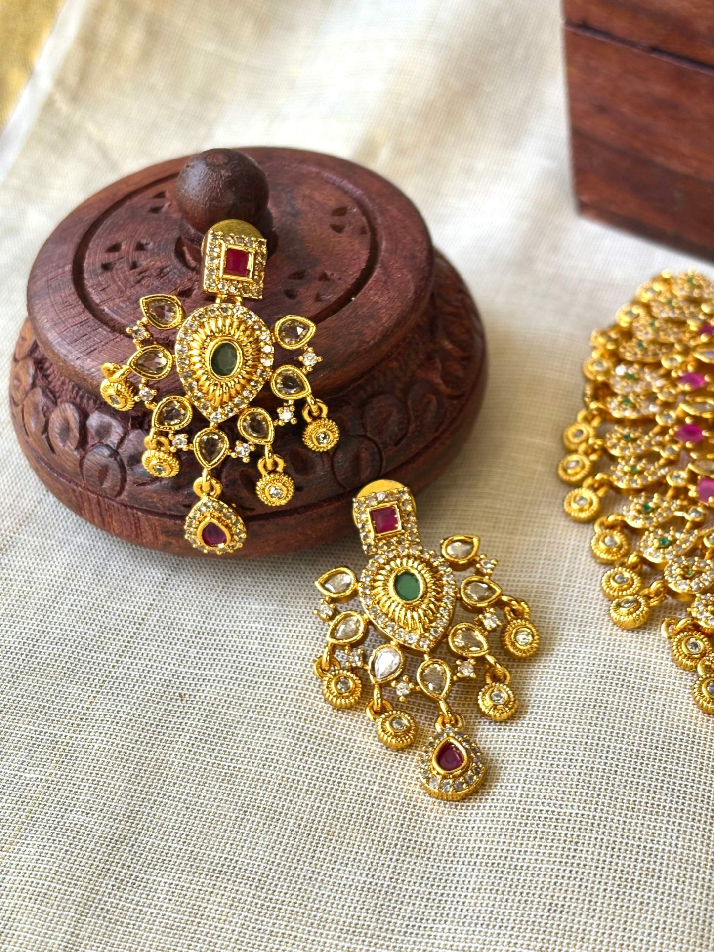 Premium Antique Matte Finish Necklace Set Ruby Emerald