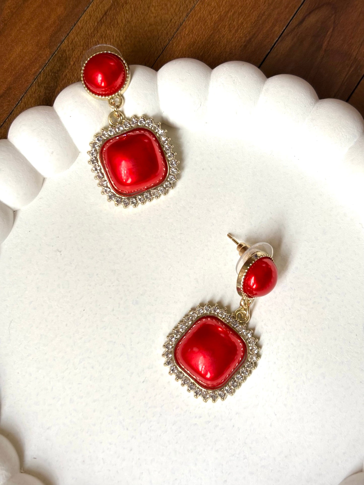 Regal Red Square Drop Stud Earrings