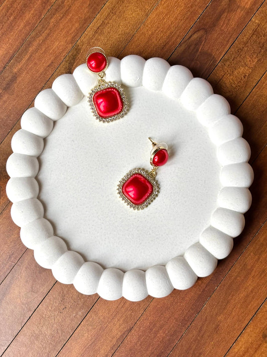 Regal Red Square Drop Stud Earrings