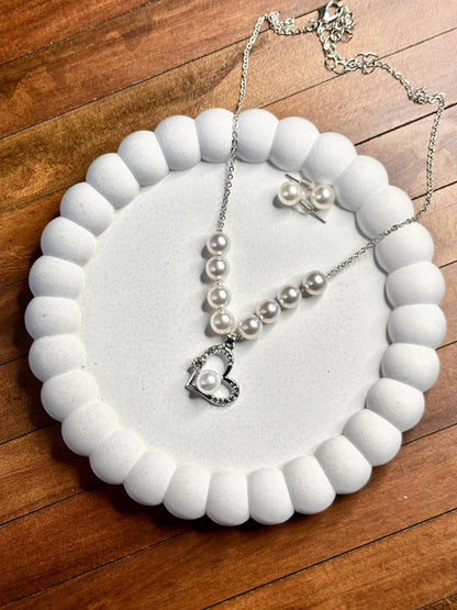 Pearl Heart Silver Necklace Set