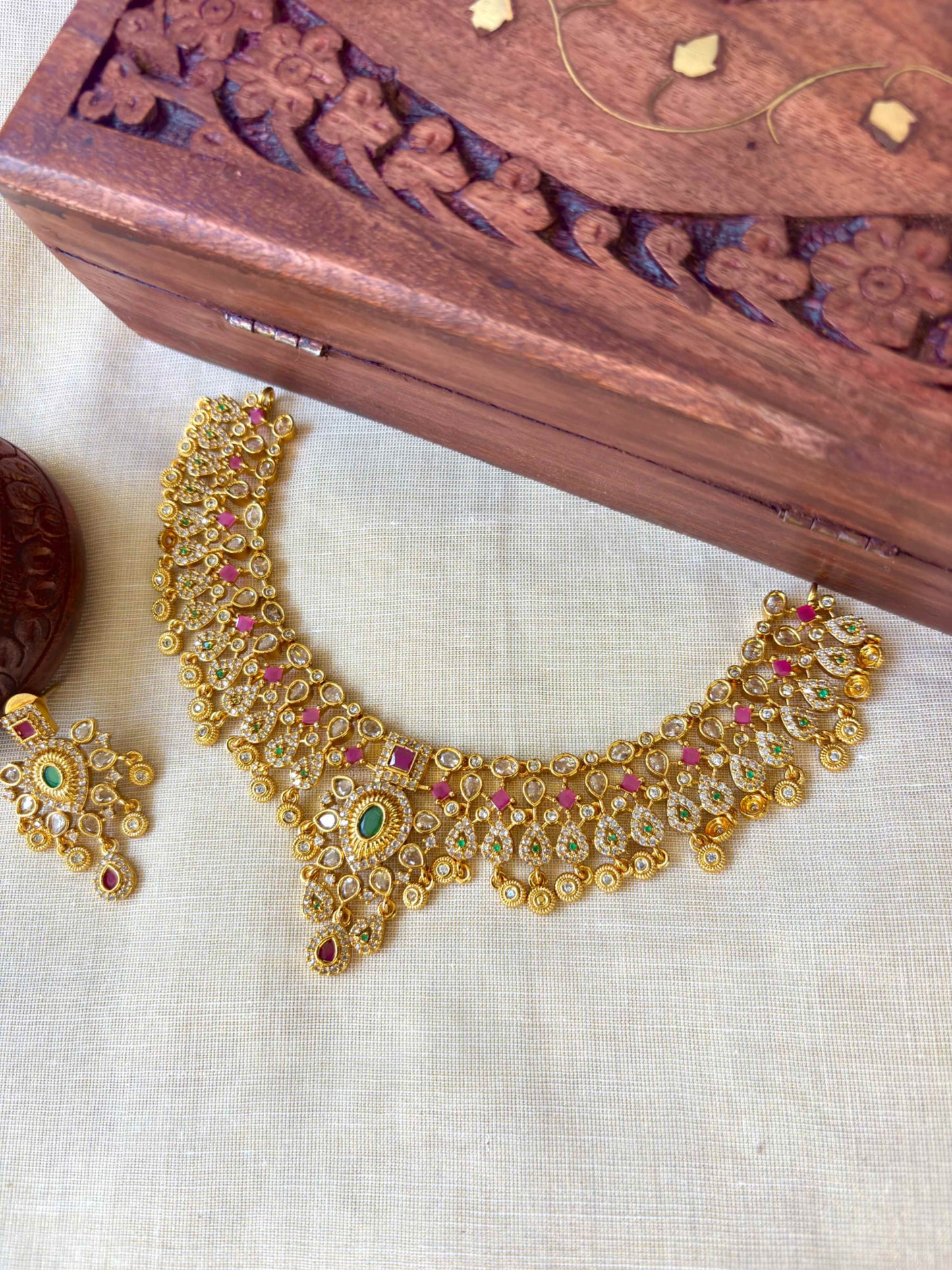 Premium Antique Matte Finish Necklace Set Ruby Emerald