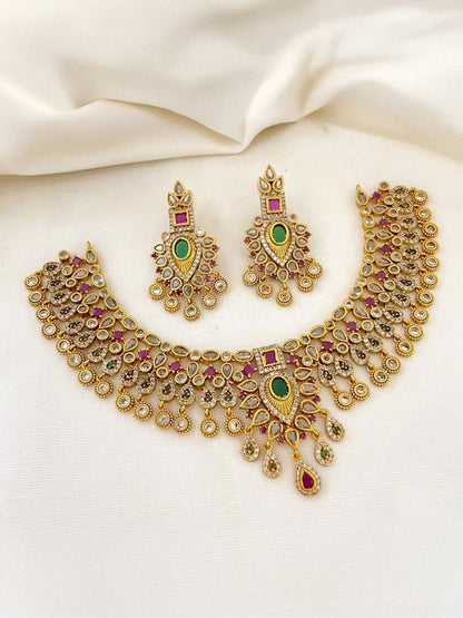 Premium Antique Matte Finish Necklace Set Ruby Emerald